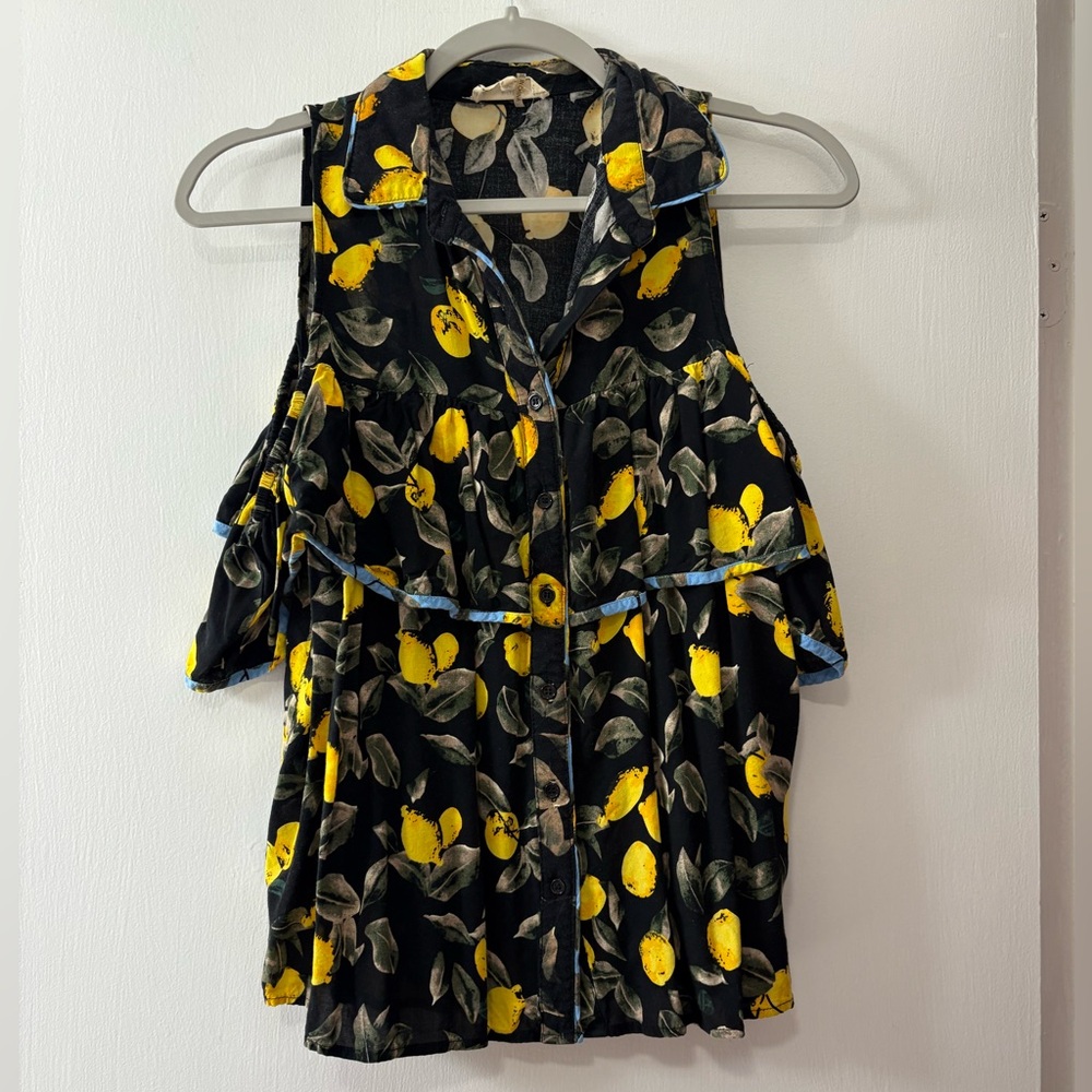 Entro Lemon Print Ruffle Off The Shoulder Sleeve Top Size Medium